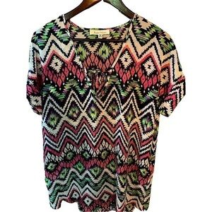 Francesca's Sheer Tunic Top Size S/M Short Sleeve V Neck Navy Pink & Green